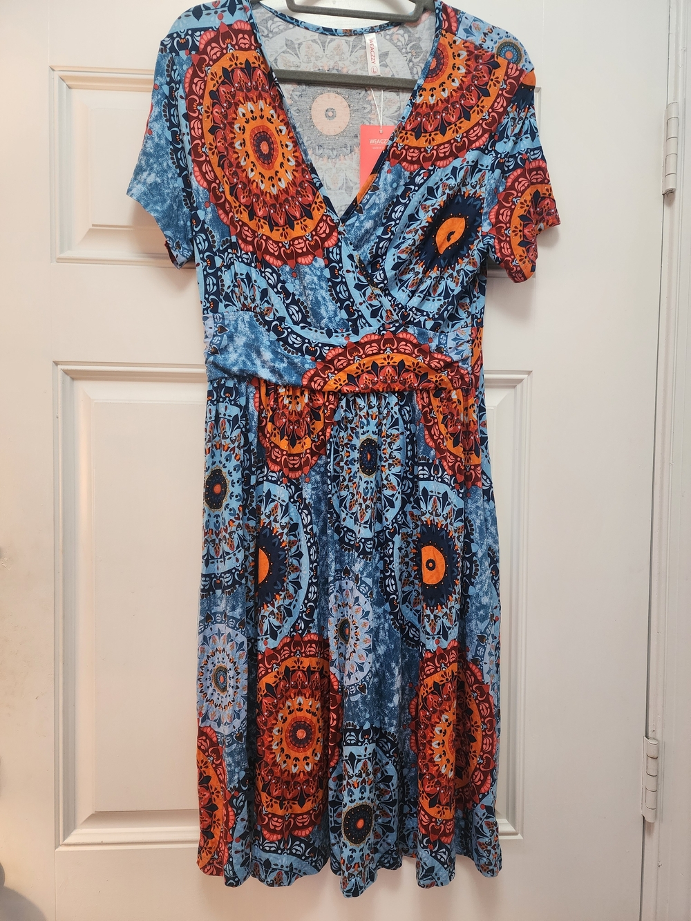 New WEACZZY Blue & Orange Printed Wrap-Style Women's Dress- Size L